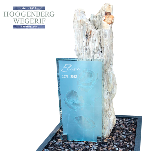 Versteend hout met granieten rand en glasplaat